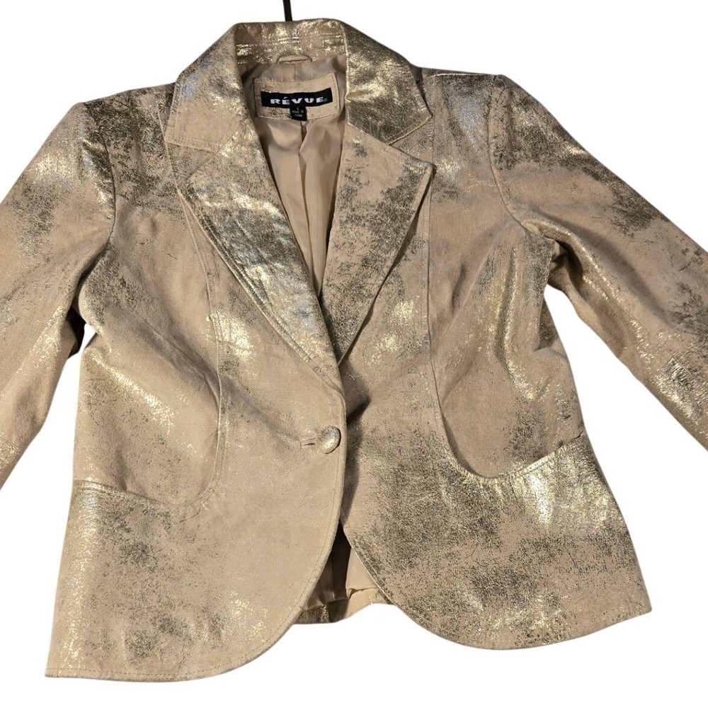 Revue Womens Metallic Gold Leather Blazer Jacket Single Button Distressed Sz 8